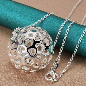 Hollow Heart Ball Sphere Pendant Silver Necklace & 18" Chain